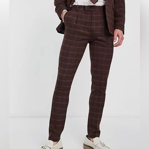 Wool-Rich Skinny Suit Pants in Burgundy Check